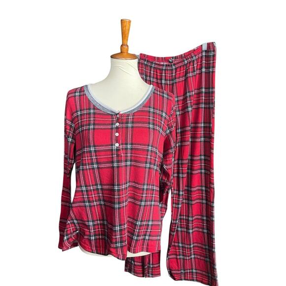 Laura Ashley Pajama Set Size L Red Tartan Plaid Holiday Flannel Cozy - Picture 2 of 10